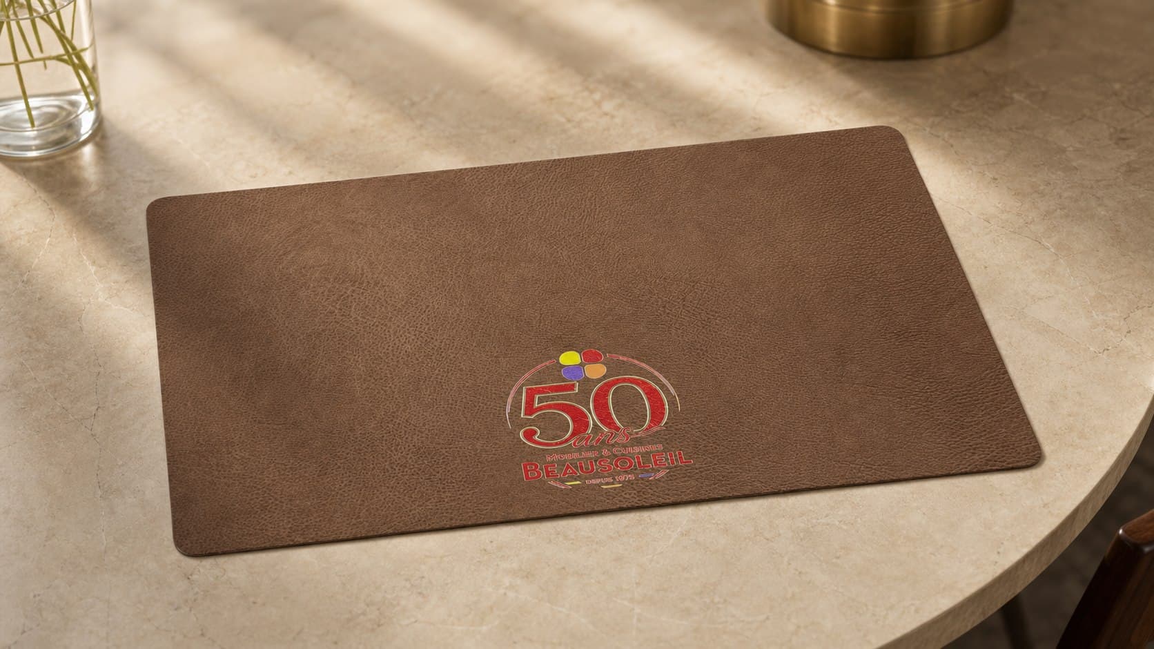 Brown PU leather restaurant placemat with a custom customer logo