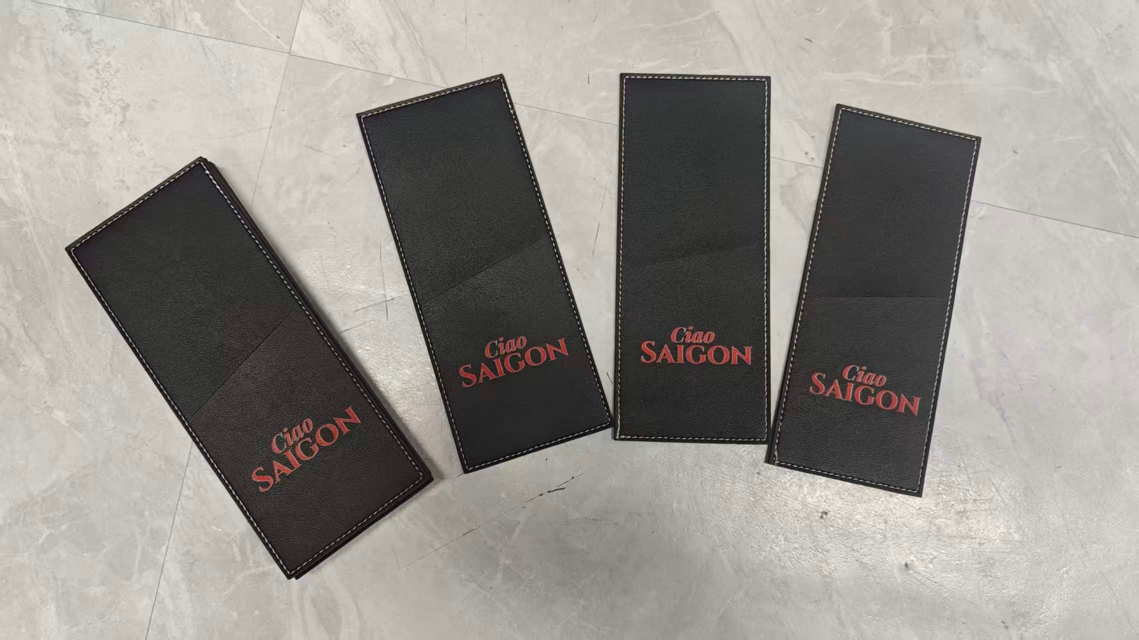 Real black PU leather cutlery sleeves with customer logo artwork