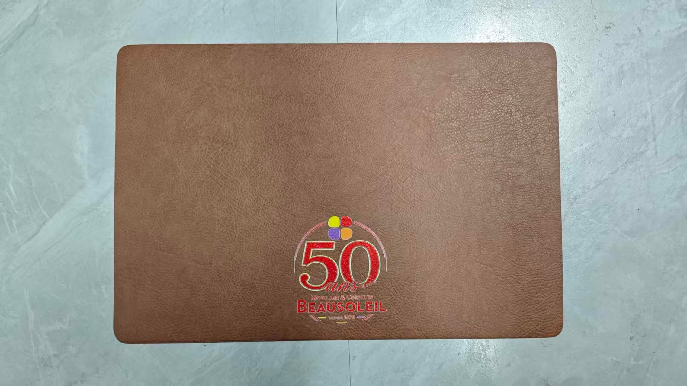 Real brown PU leather placemat with customer-supplied logo artwork