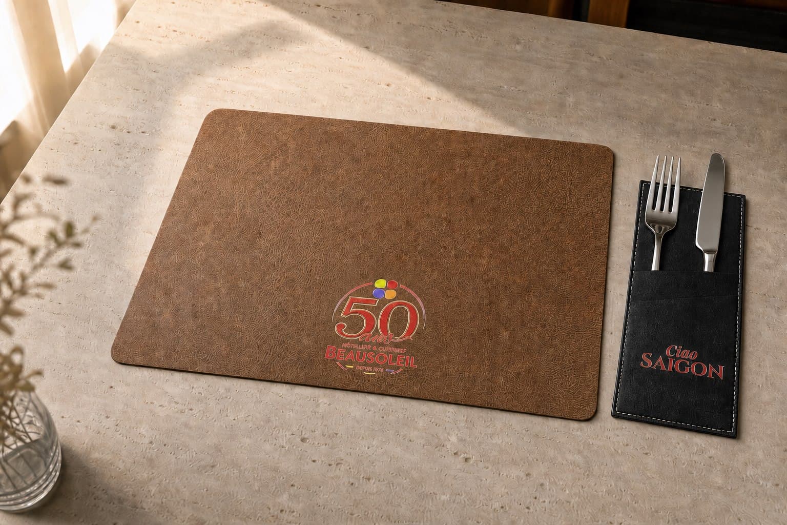 Custom restaurant placemat and cutlery sleeve with logo