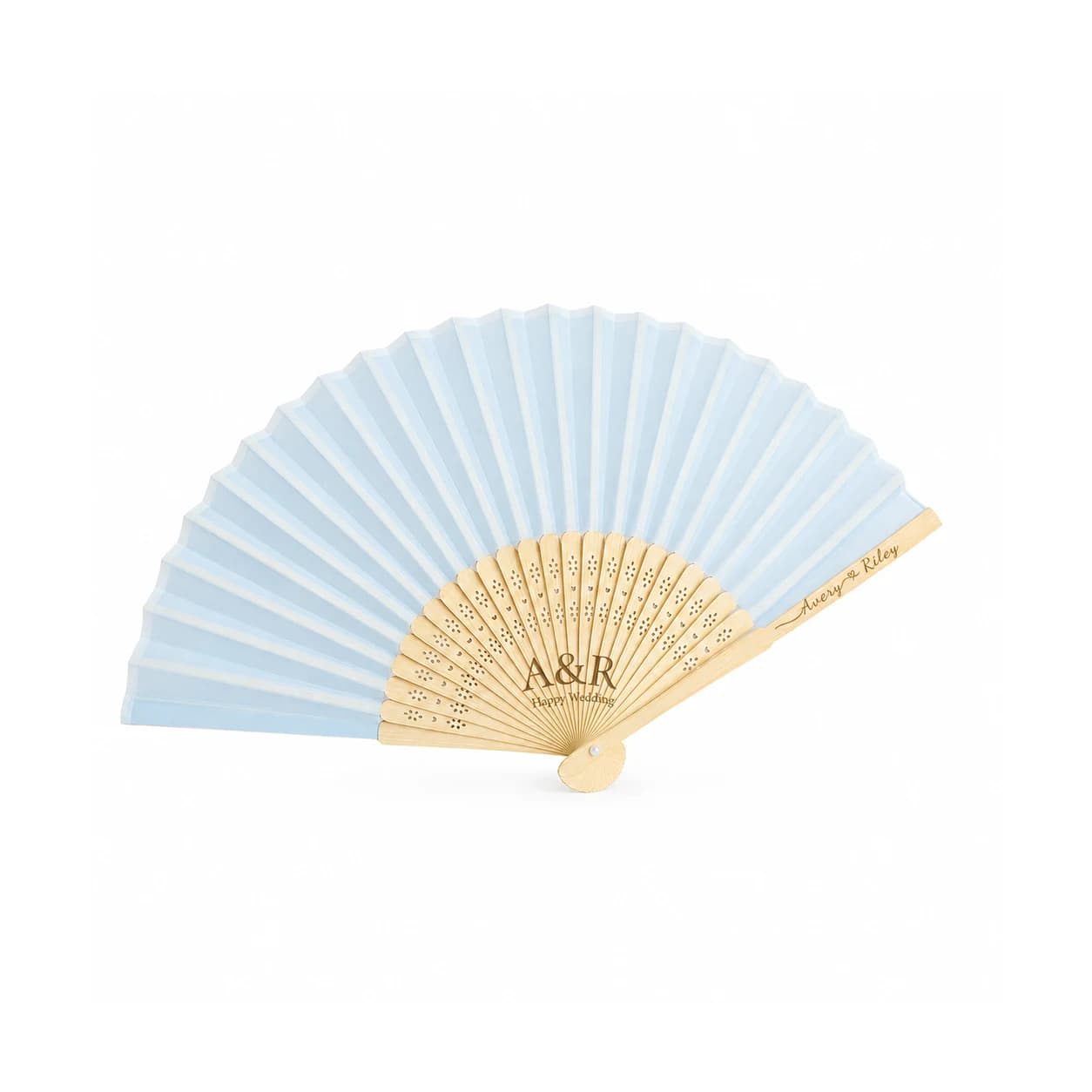 Light blue custom wedding hand fan with natural bamboo ribs on a white background