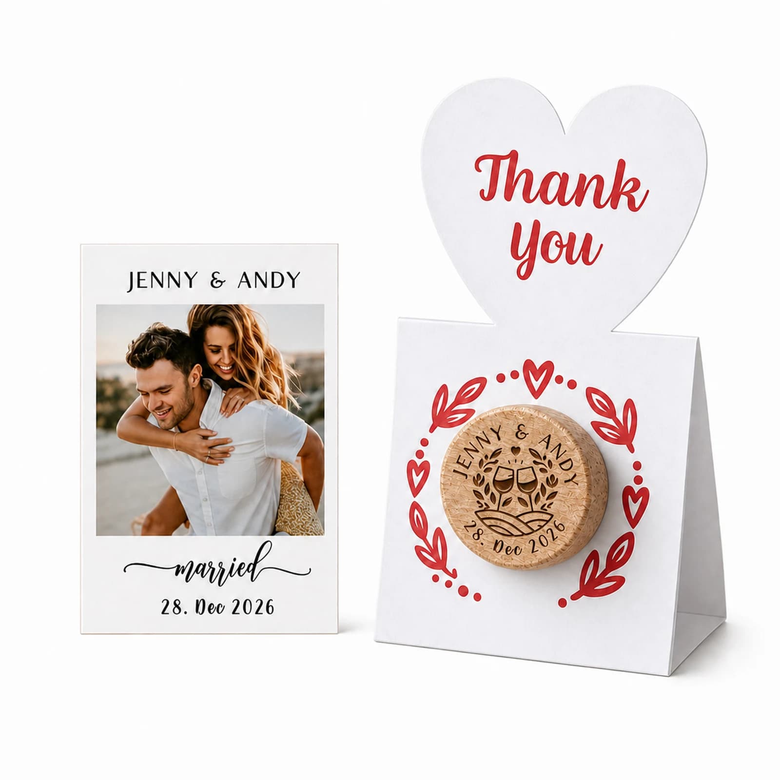 Personalized photo wine bottle label, engraved oak stopper, and folded presentation card on white